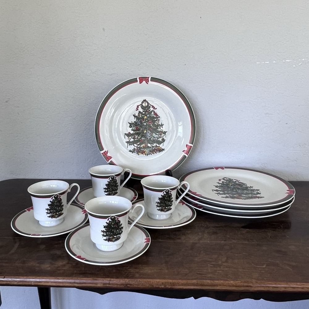 Ribbons & Tree Porcelain Holiday China By‎ Topco 12pc Set VTG